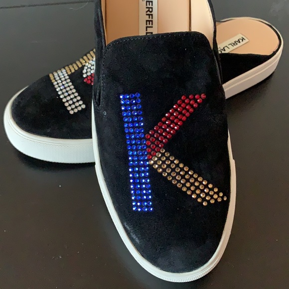 Karl Lagerfeld black suede embellished slip ons - Picture 2 of 11